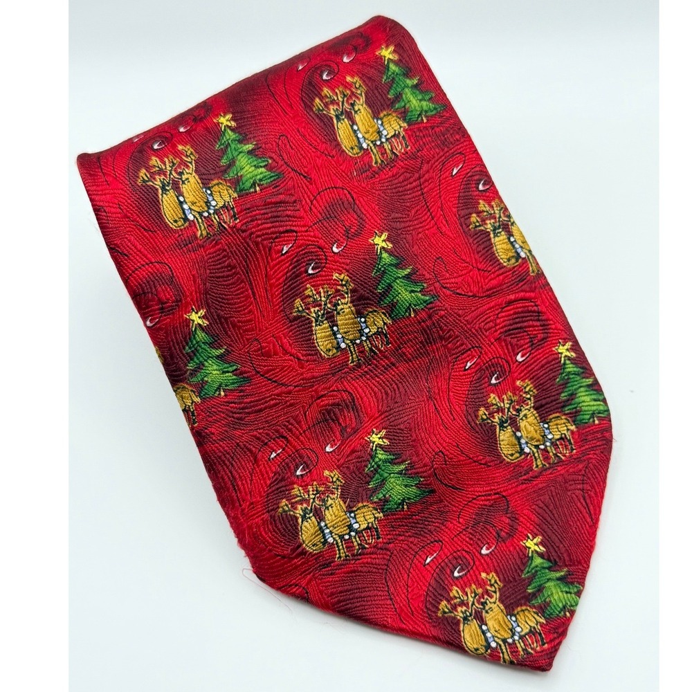Jerry Garcia Necktie OS Christmas Reindeer Tree Red Silk Holiday 90s Vintage Tie